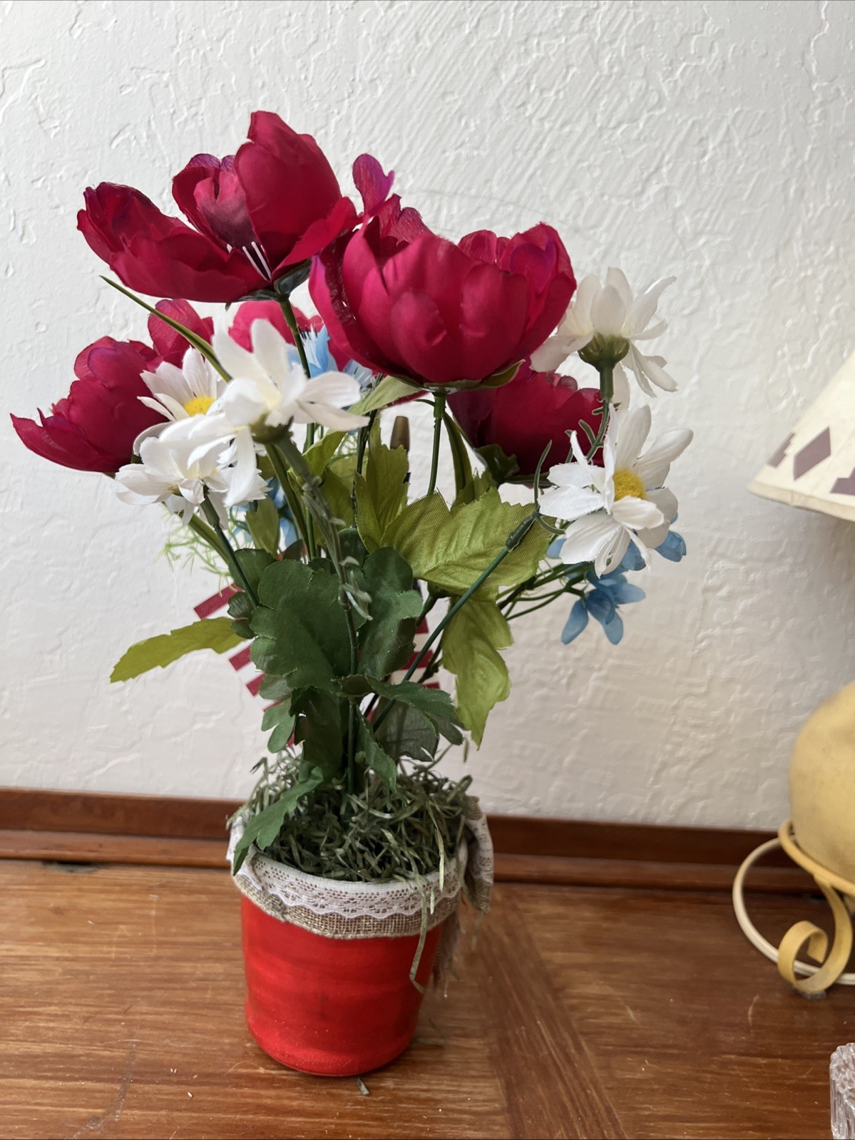 Artificial 13”x10” Flower Bouquet Table Arrangement Patriotic Red White Blue