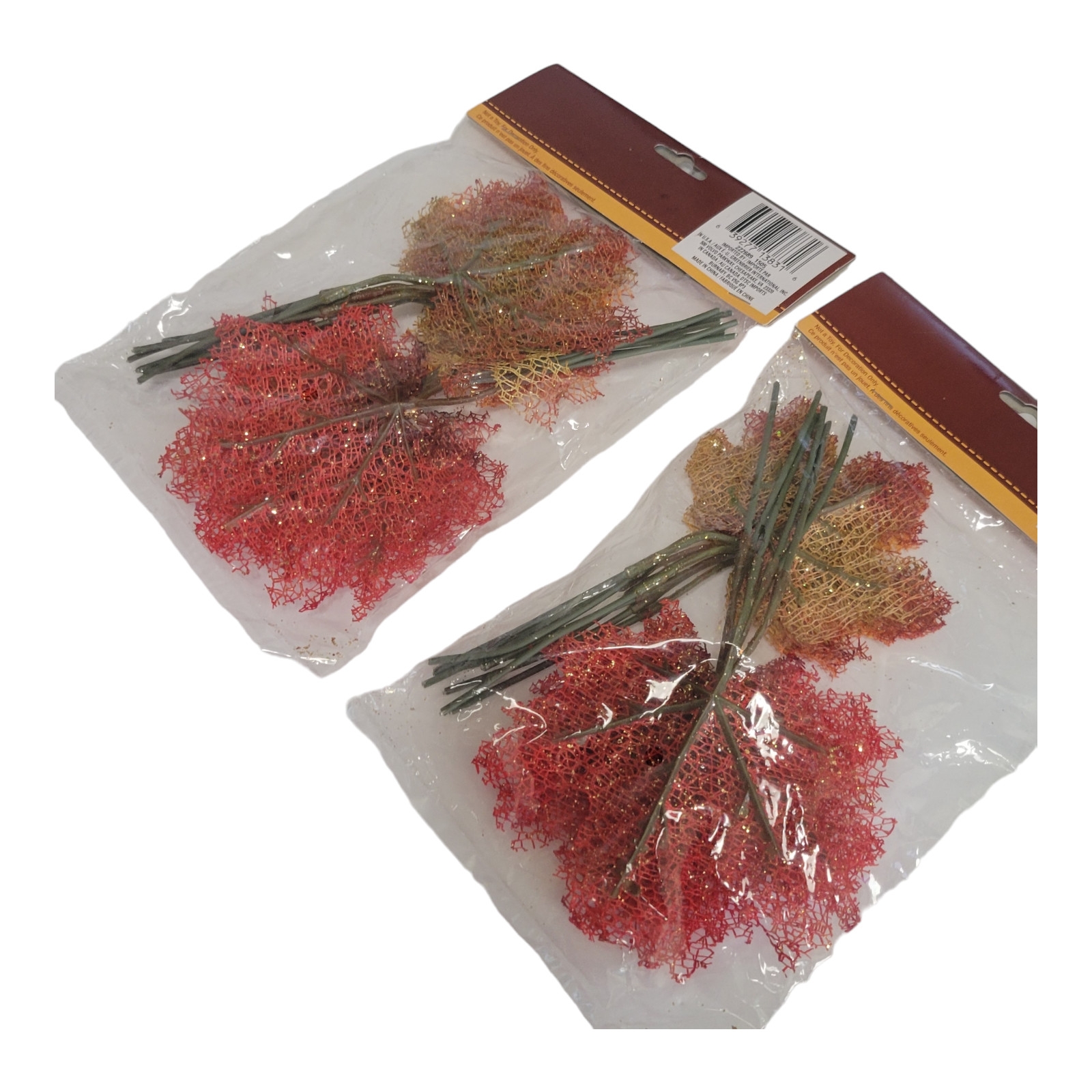 Lot of 2 Autumn Mesh Maple Leaves Wire Stems Glitter Golds Yellows 14 Each Bag