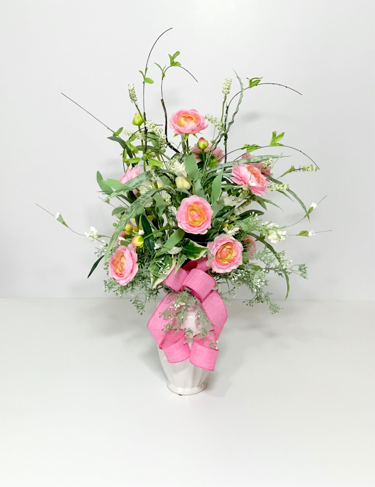 ELEGANT PINK YELLOW FLORAL ARRANGEMENT WHITE CERAMIC VASE CENTERPIECE GIFT NEW