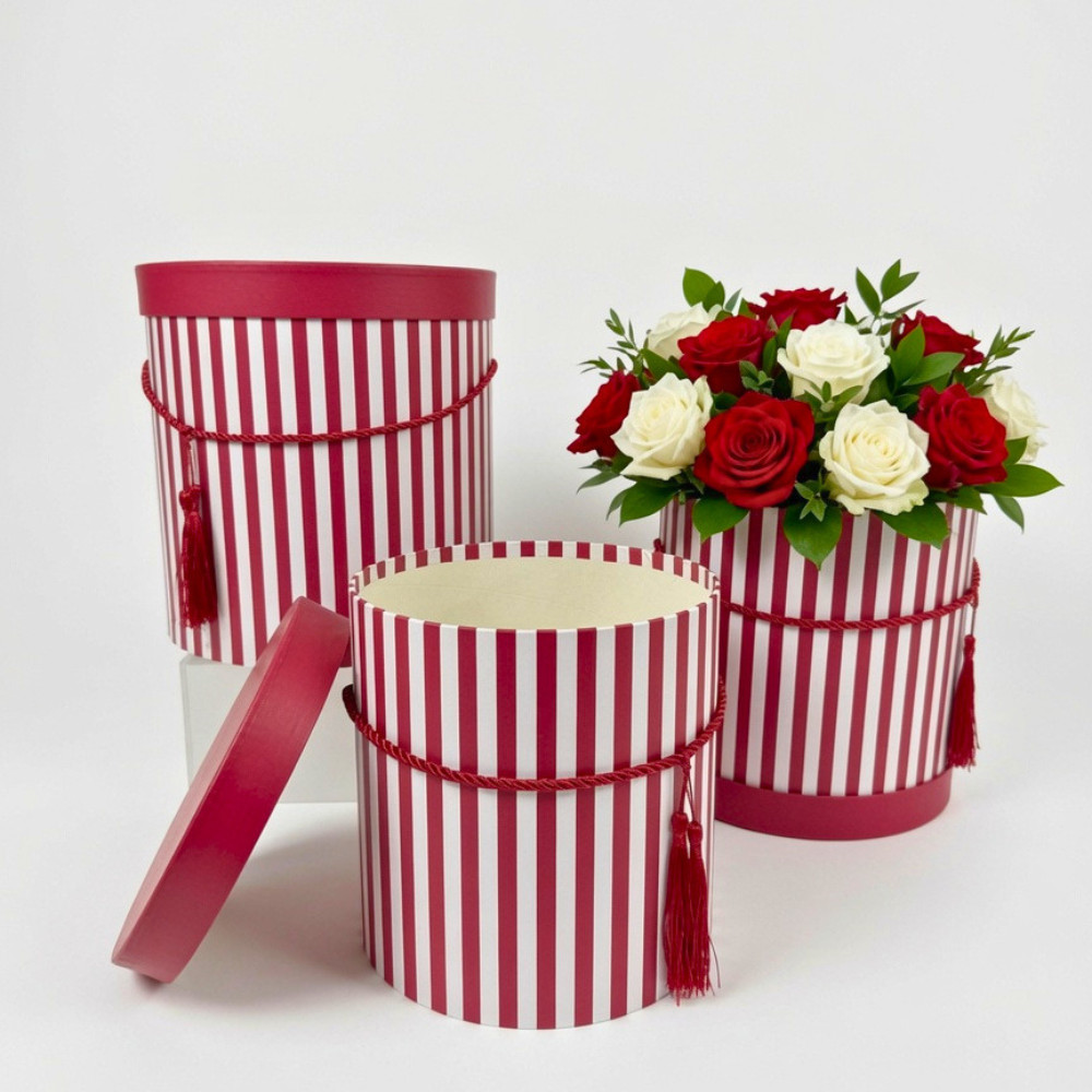 Premium Quality Round Flower Box, Floral Gift Box, Set of 3 pcs, with Stripes