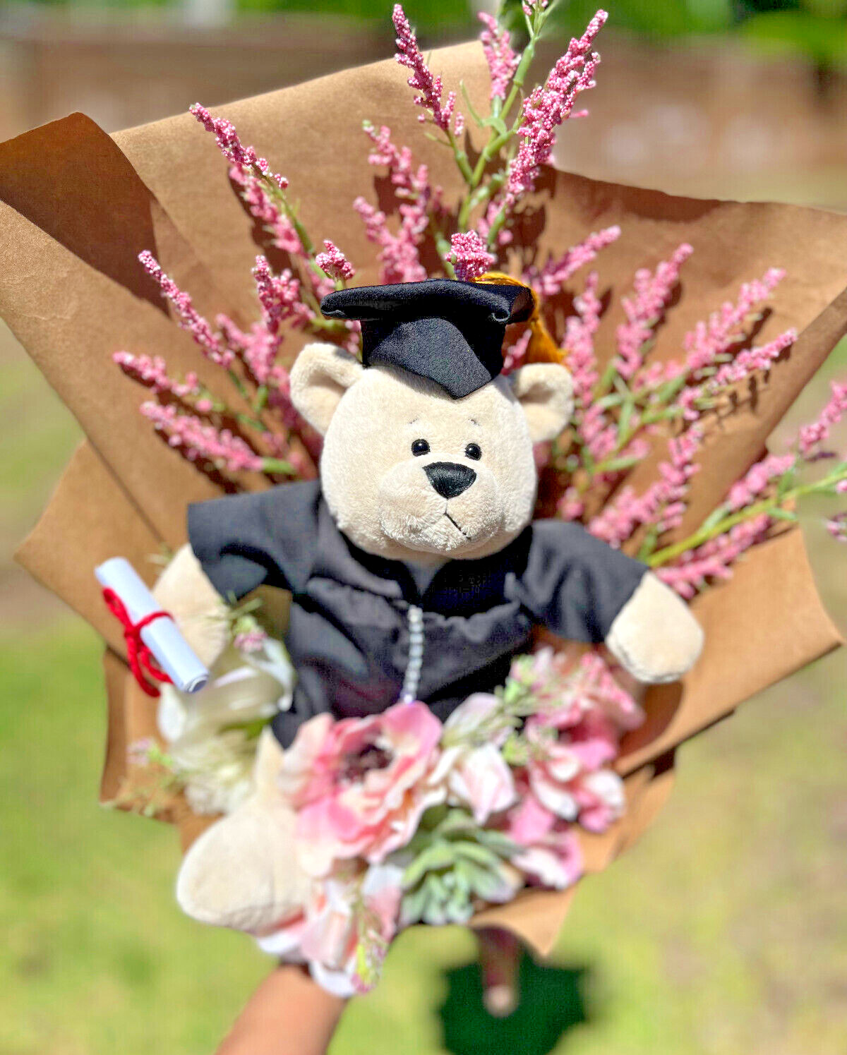 Hand Made Graduation Plush Bear Pink Artificial Flower Bouquet & Matching Ribbon