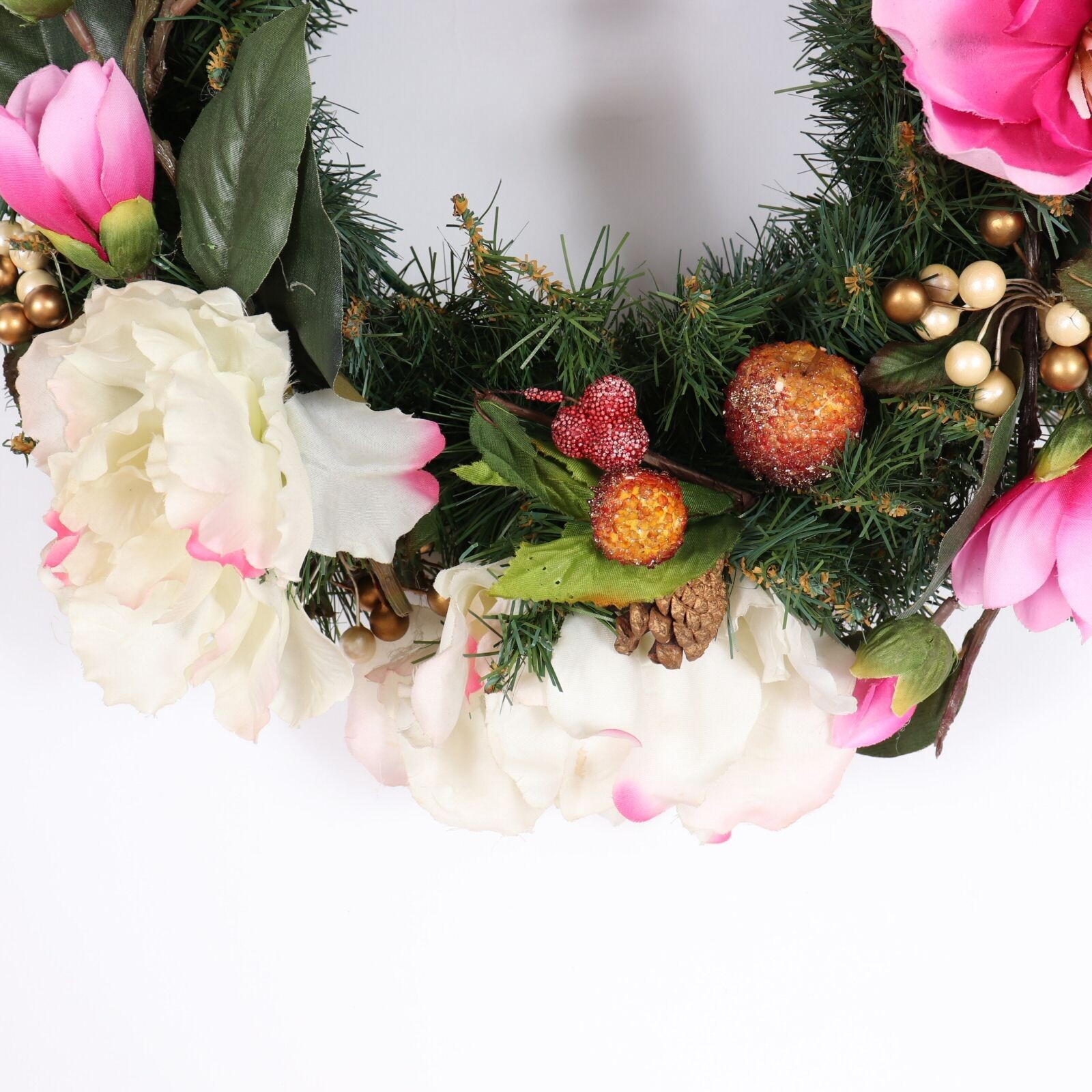 Christmas Holiday Wreath in Pinks and White with Pearls and Gold Balls #1