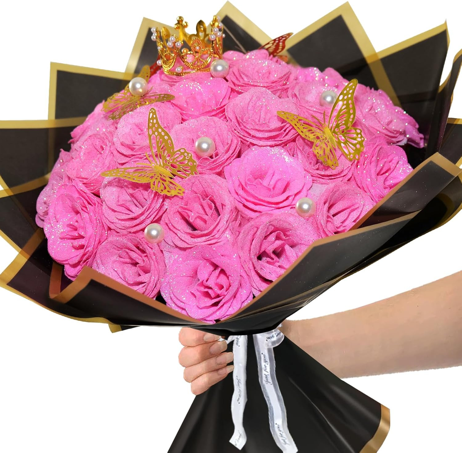 Pink Glitter Roses Bouquet, 24 Pcs Shiny Glitter Flowers Bouquet, Everlasting Ar