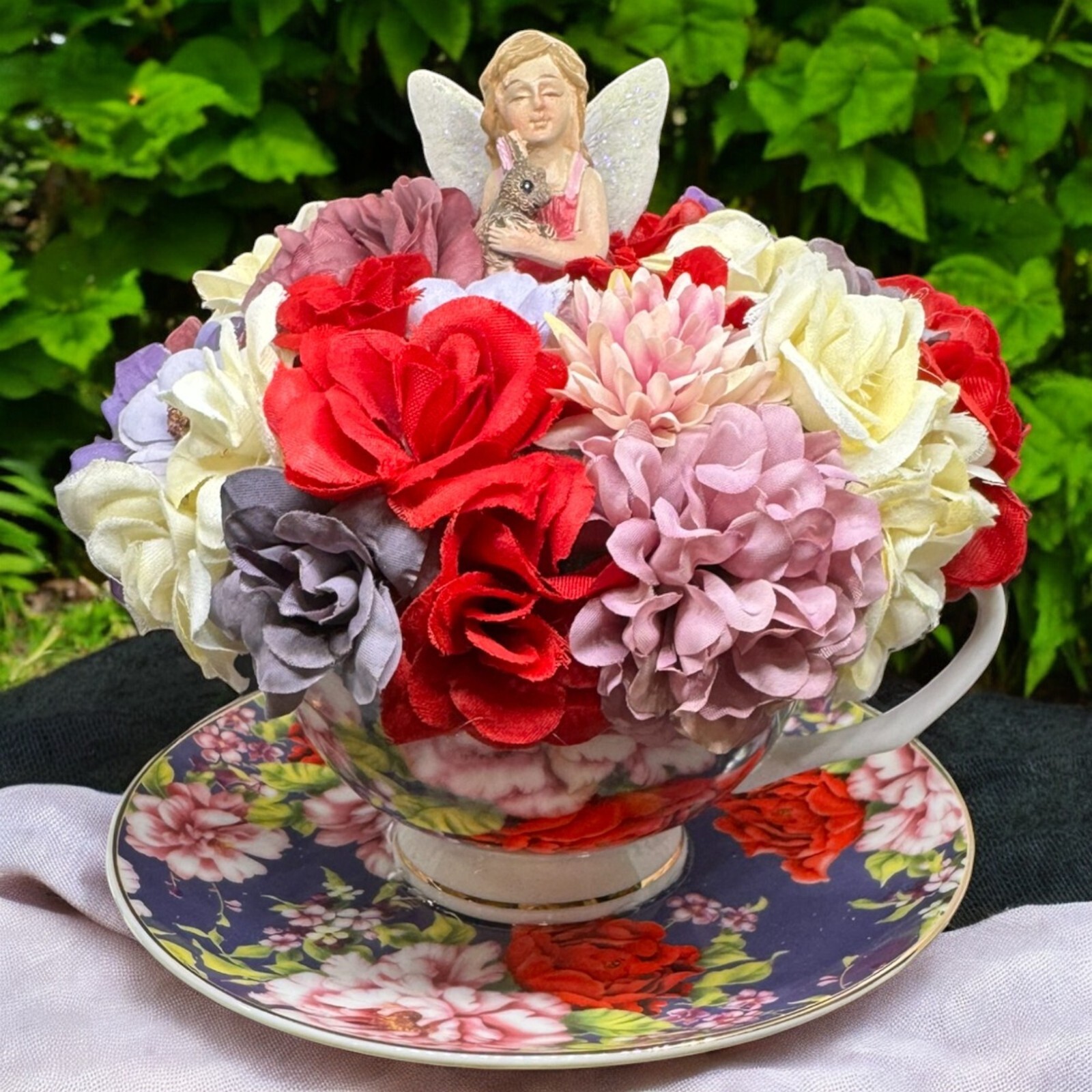 Tea Cup Flower Arrangement W/ Fairy, Shabby Chic Pink Red, Purple Flowers Roses