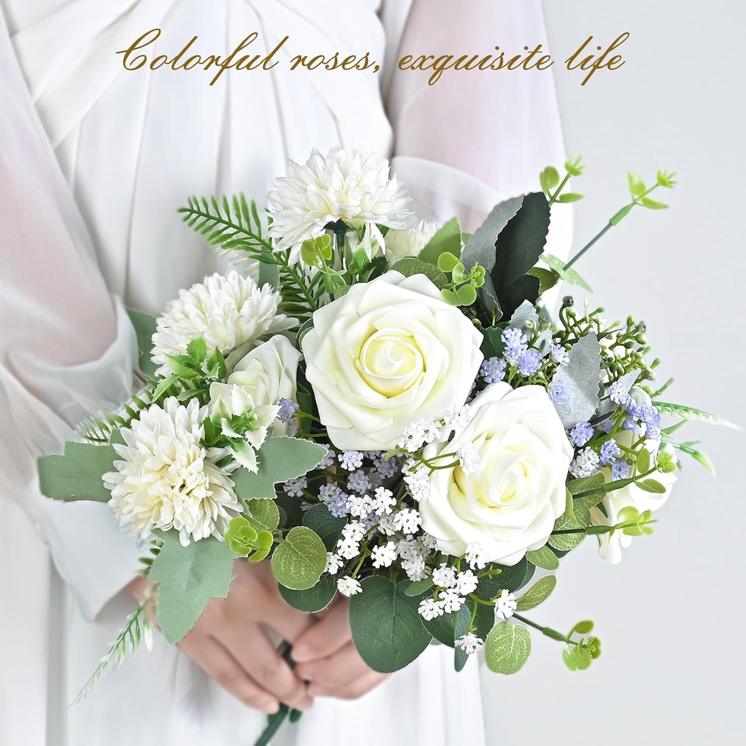 16Pcs Artificial Flowers Fake Roses with Stems, Ivory White Boxed Foam Roses for