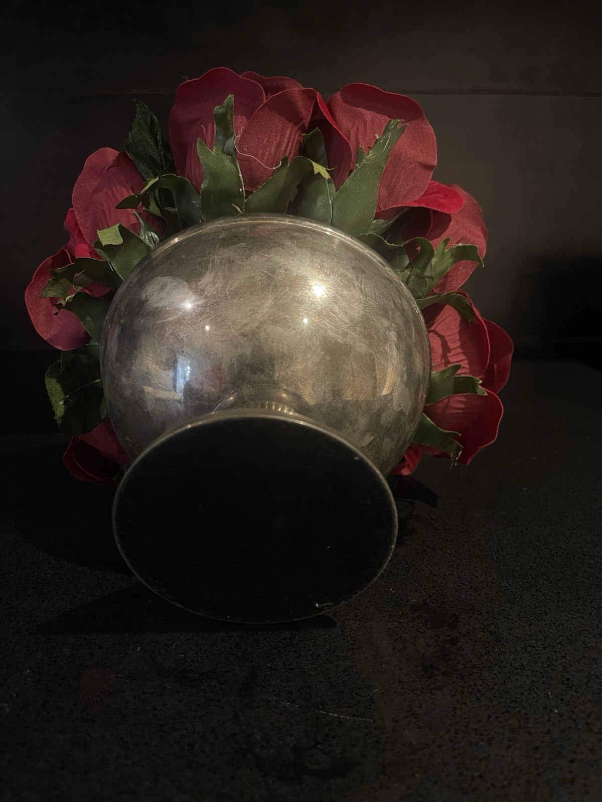 Faux Red Rose Small Arrangement In Aged Silver Pedestal Urn