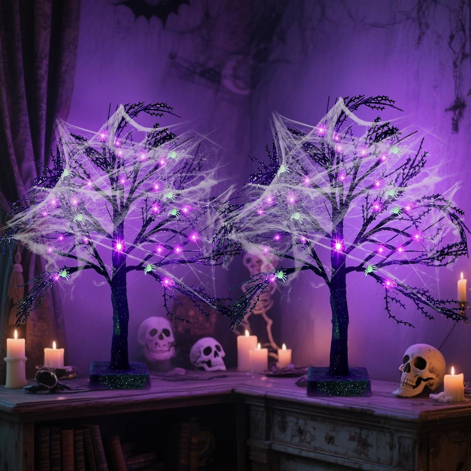 2 Pcs Halloween Black Spooky Tree with 24 LED Purple Lights, Spider Web and 1…