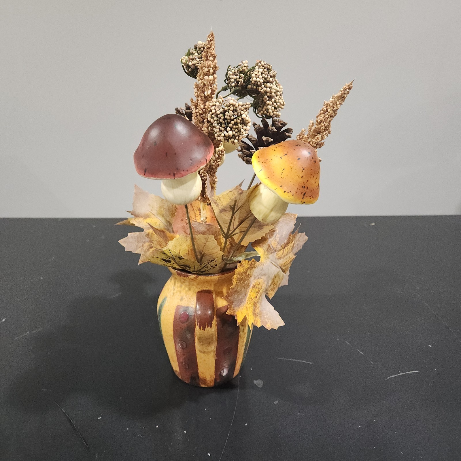 Vtg Vase Creamer Pottery Faux Retro Floral Arrangement Cones Mushroom Fall 12″