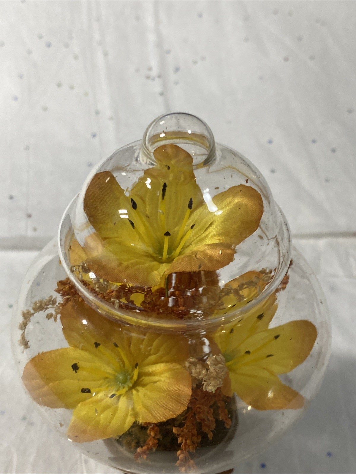 Vintage Glass Dome Egg Cloche Yellow Flowers