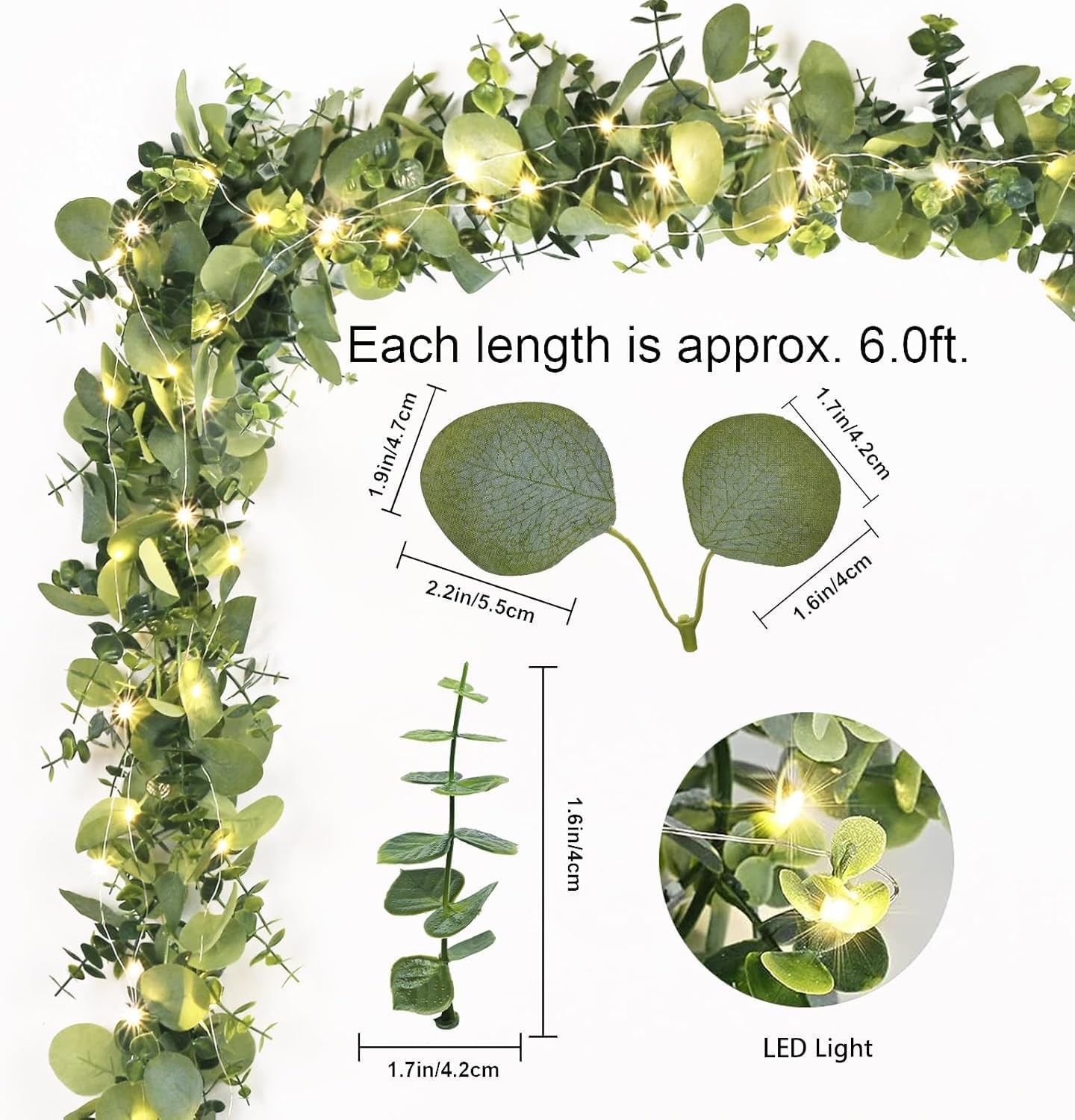 Packs 6FT Artificial Eucalyptus Garland with LED Light String, Faux Greenery