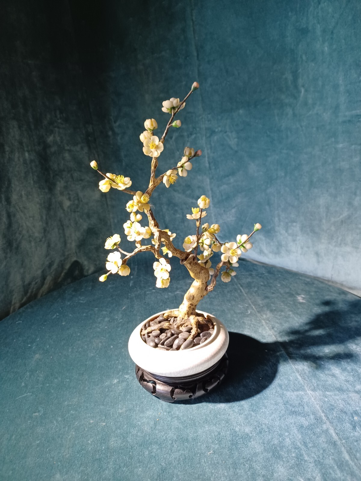 Bonsai Tree Vintage Retro 14″ Artificial Plum Blossom ceramic pot wood pedestal