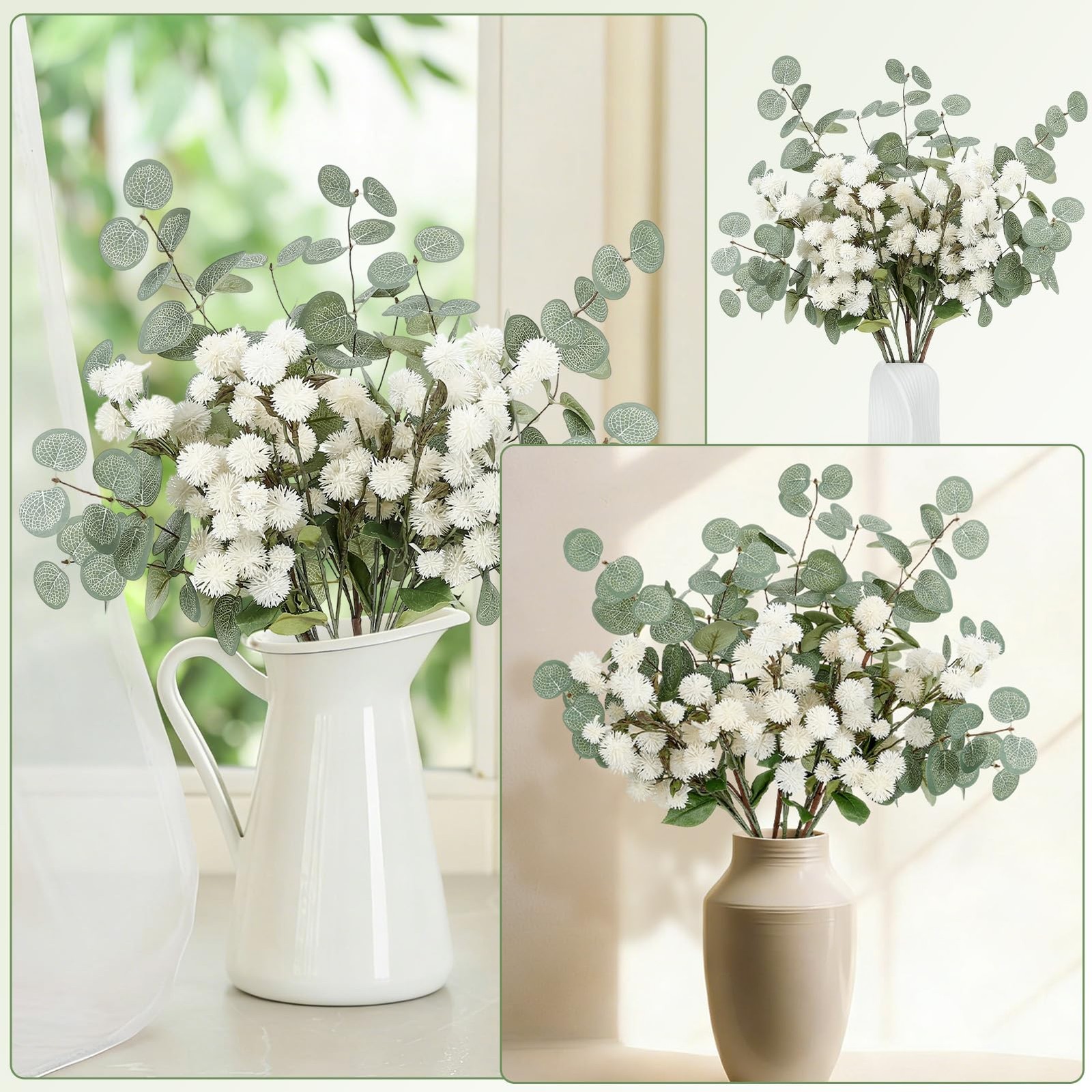 Artificial White Flower Chrysanthemum and Eucalyptus Stems Set,Faux Pom Pom F…