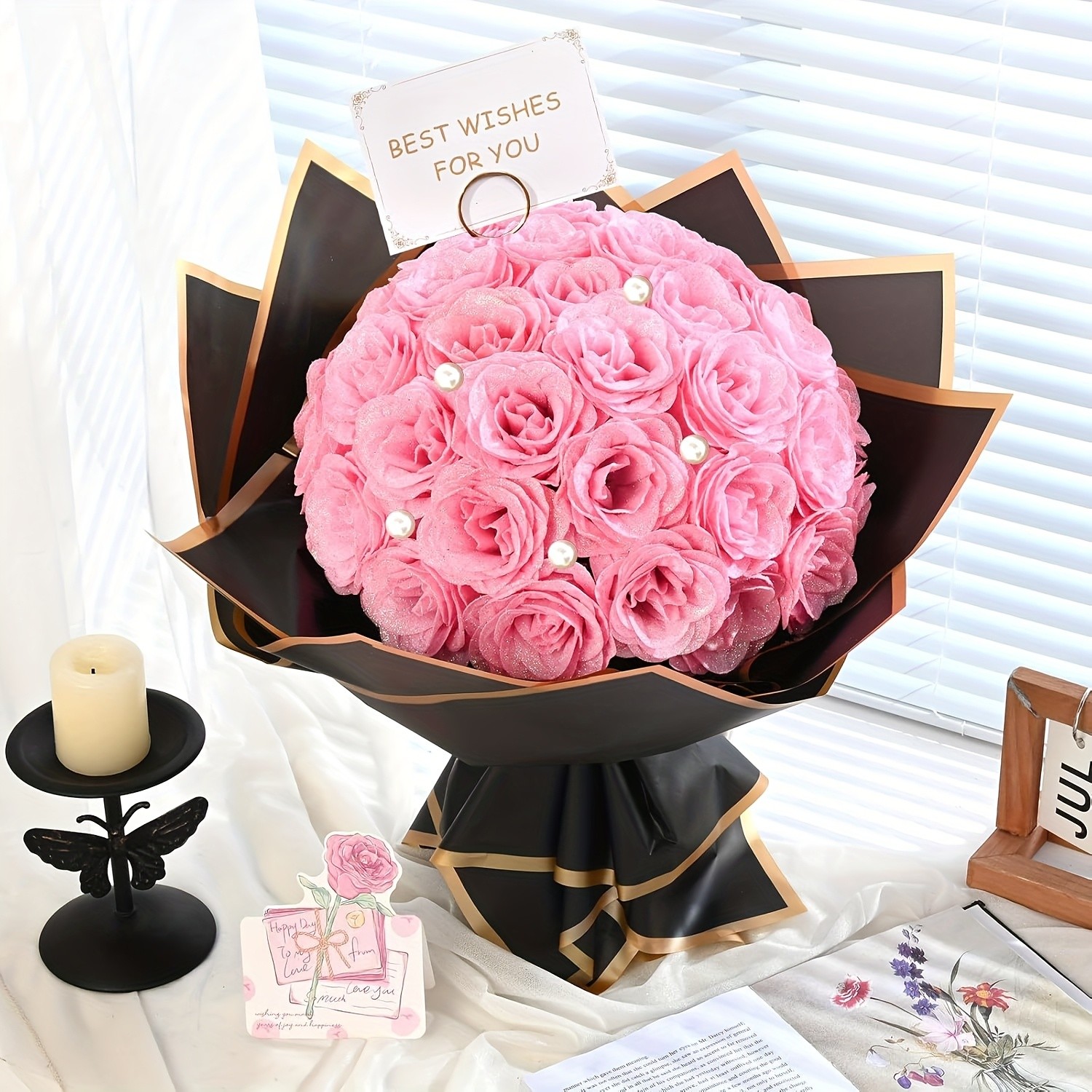 24 Pcs Glitter Rose Bouquet Shiny Artificial DIY Everlasting Birthday Wedding