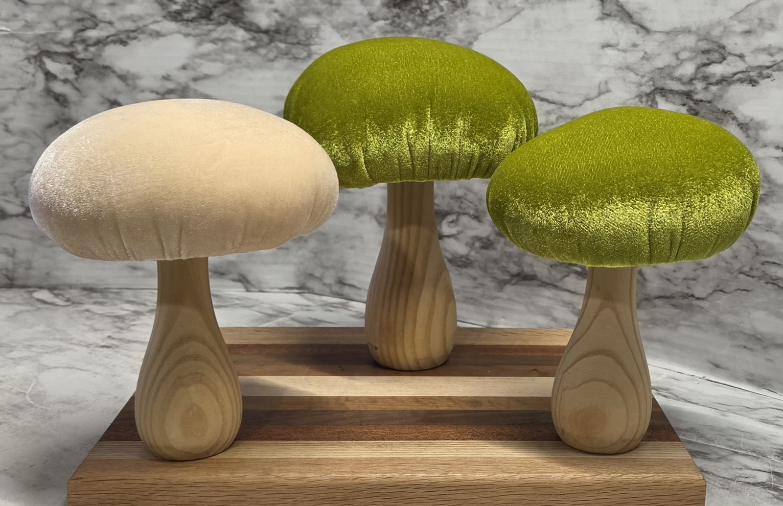 Mushrooms Set Of 3 Cream Green Wood & Velvet 2 Sizes Spring Summer Decor…