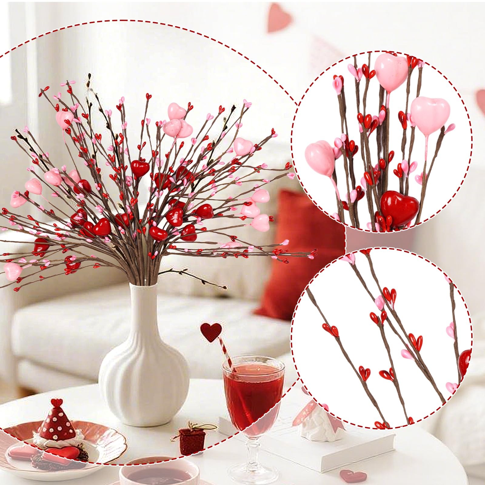 6 Pieces Artificial Berry Flower Stems Heart Shaped Berry Picks Valentines Da…