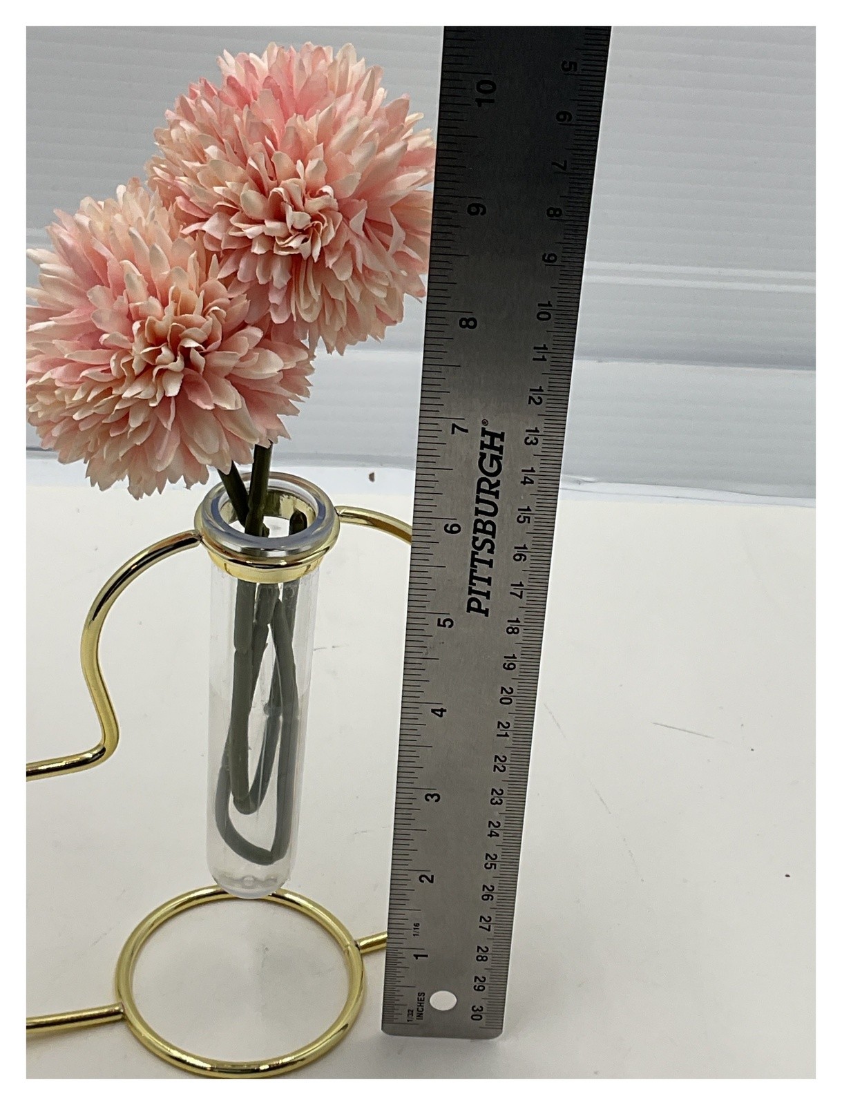 Unbranded Gold Metal Heart Bud Vase Pink Artificial Pom Pom Arrangement 8″