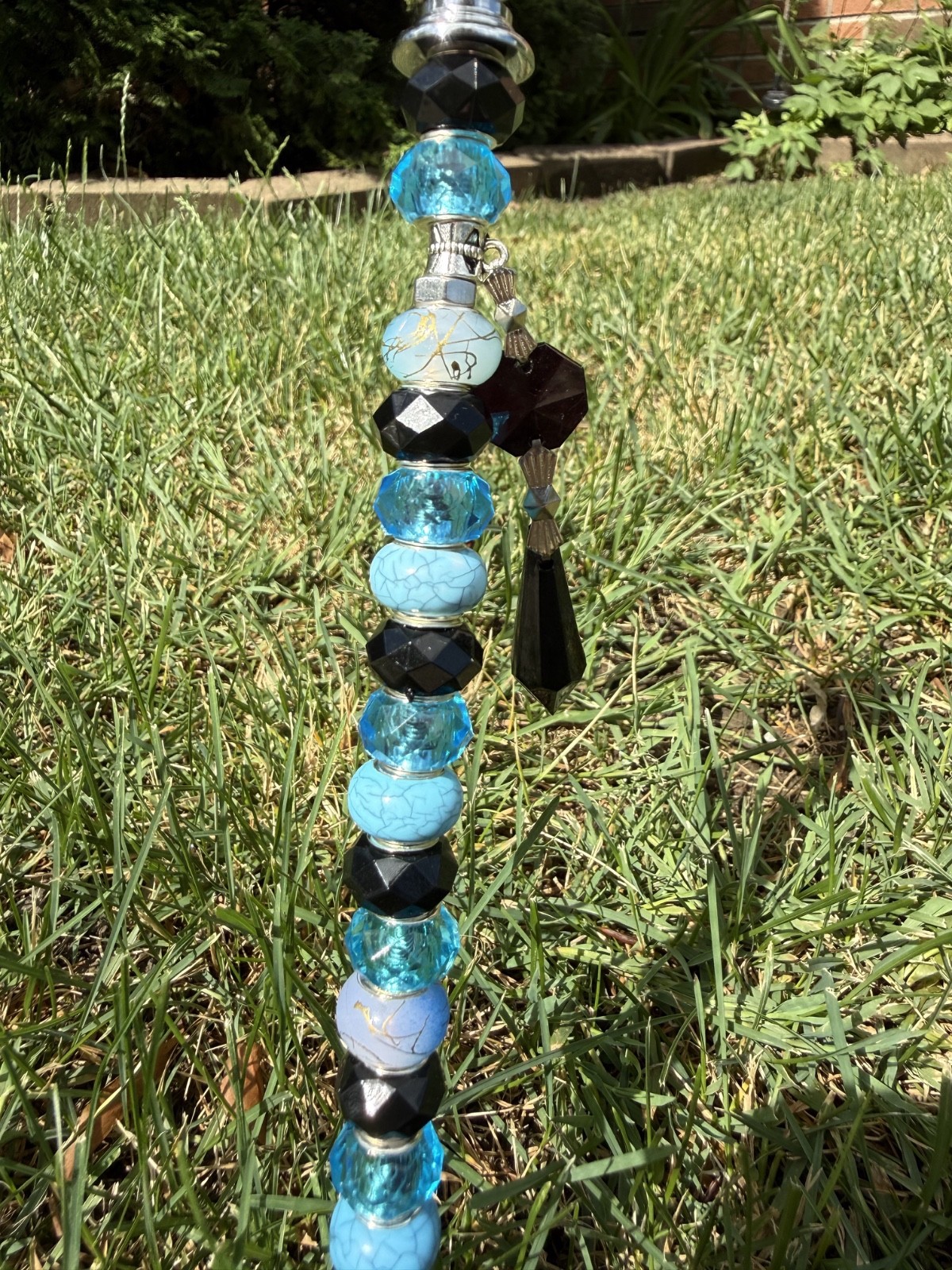 Glass Beaded Garden Stake Black Top with Black & Blue Beads, Black Charm, 12 in