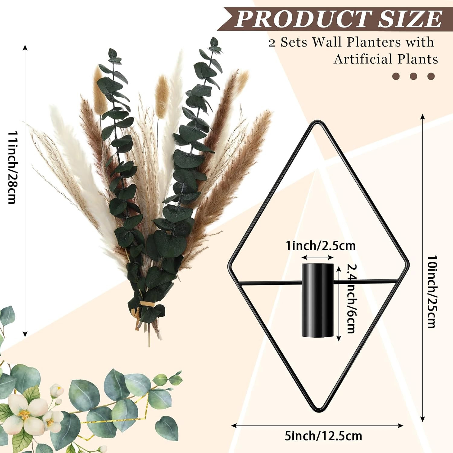 4 Pcs Hanging Planters with Artificial Pampas Grass Metal Hanging Vase Indoor Pl