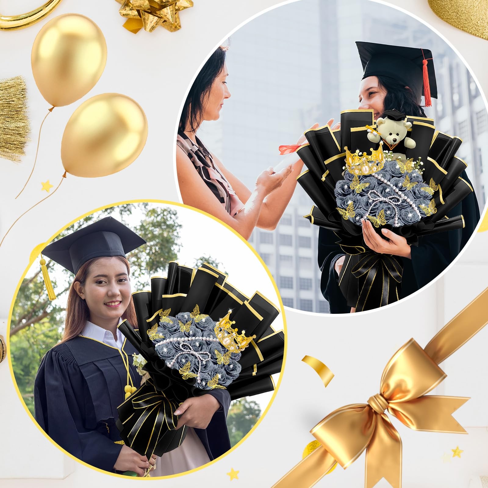 196 Pcs Graduation Gifts DIY Glitter Roses Bouquet Kit Artificial Flower Bouq…
