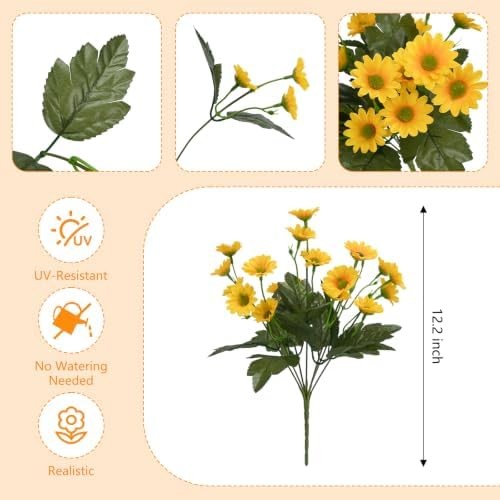 12 Bundles Fake Dasiy Artificial Mums Flowers for Outdoors Decoration | UV Resis