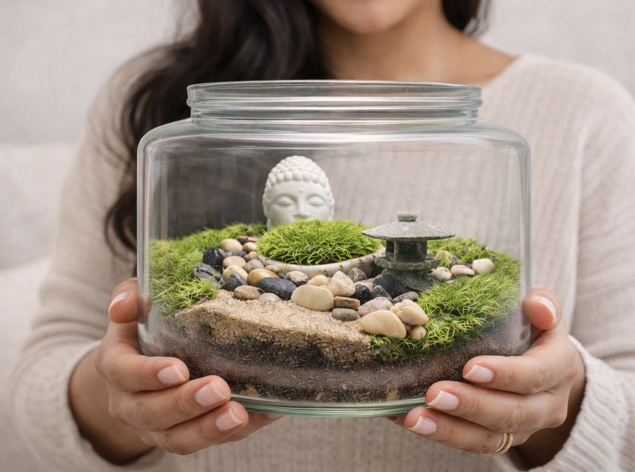 Preserved Moss Zen Terrarium Glass Jar Buddha Decor No Maintenance