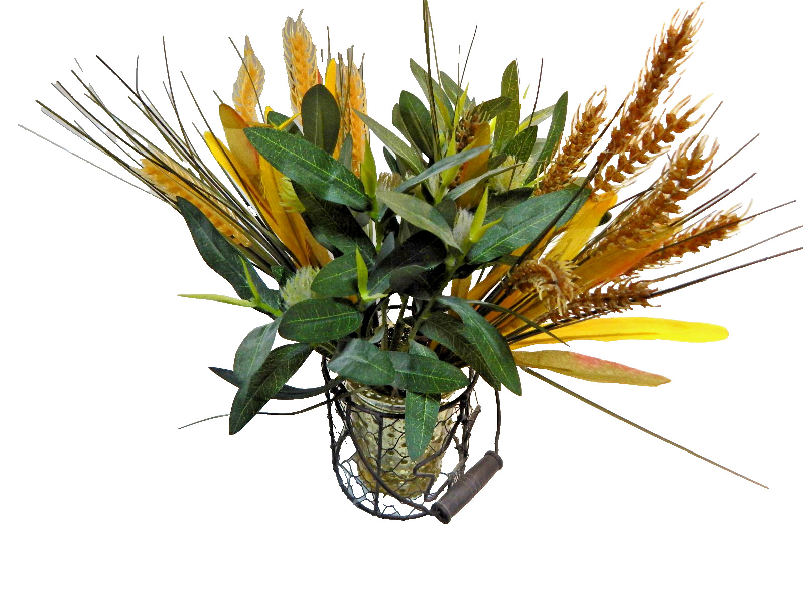 Bouquet Mix Artificial Fall Foilage ripened wheat grains stems glass wire basket