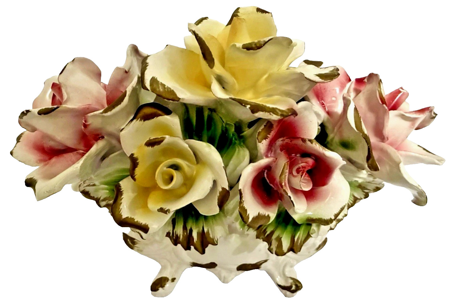 Vintage Capodimonte Italian Porcelain Pink and Yellow Seven Rose Centerpiece