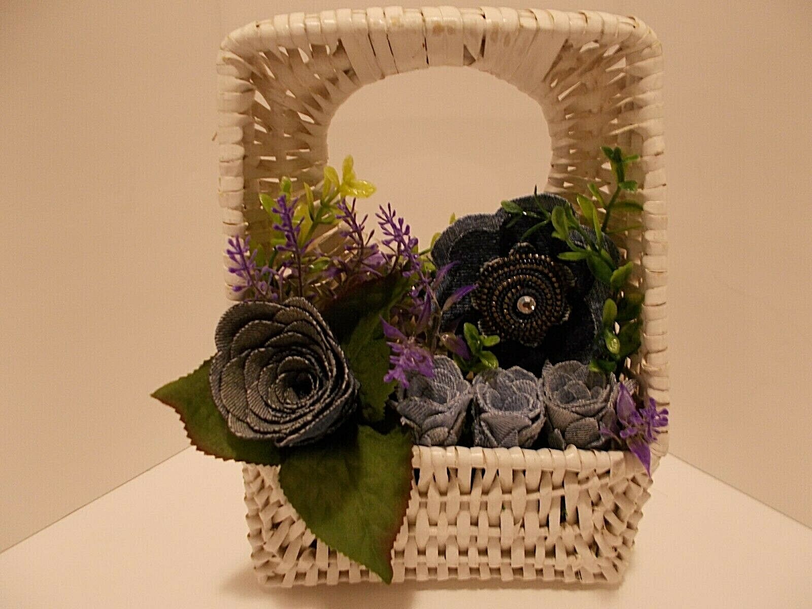 White Wicker Pocket Basket w Denim Roses Denim Zipper Flower w Faux Lavender