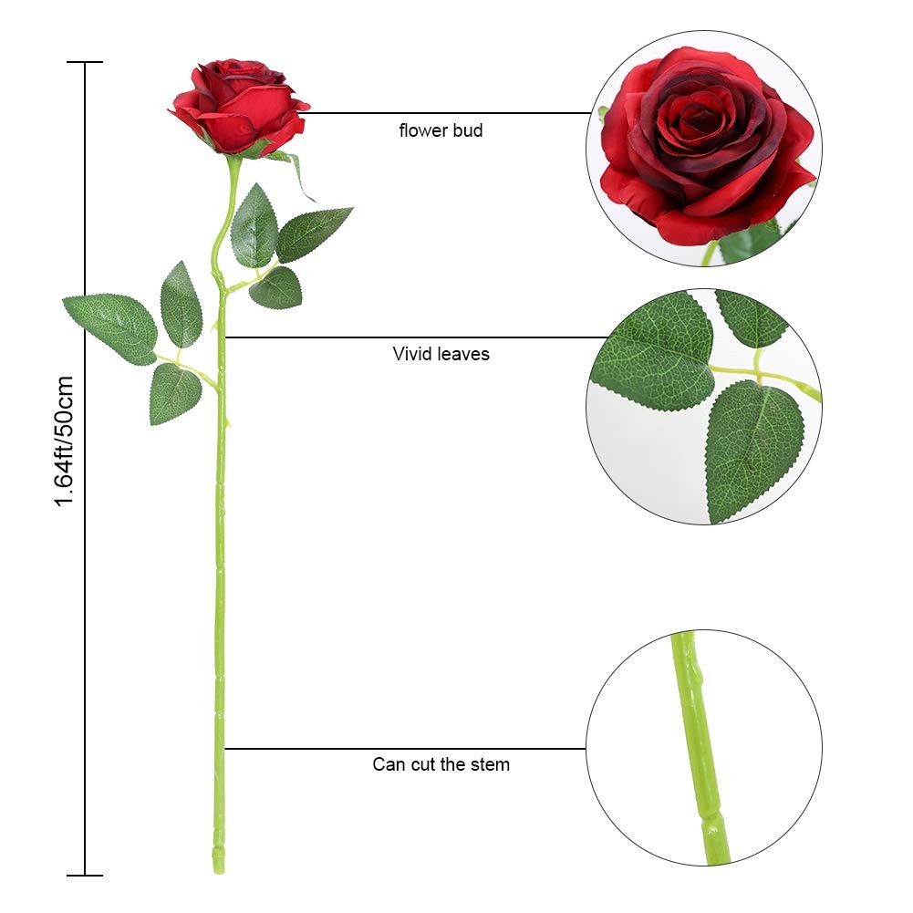 10 PCS Artificial Silk Roses Real Touch Bridal Wedding Bouquet Red Burgundy