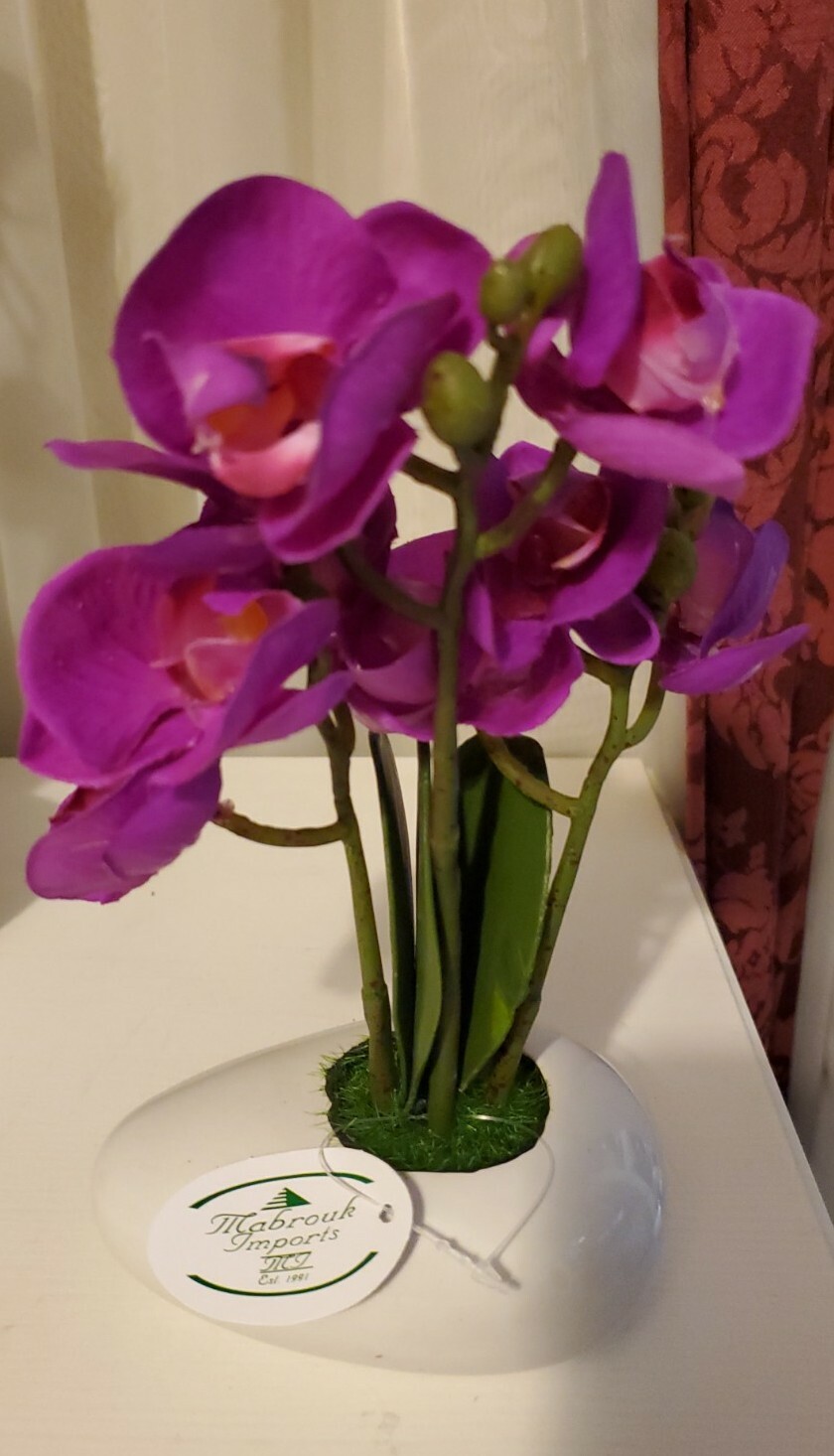 5″ × 3″ Ceramic Vase 9″ Artificial Orchids w 8 dark pink flowers, very realistic