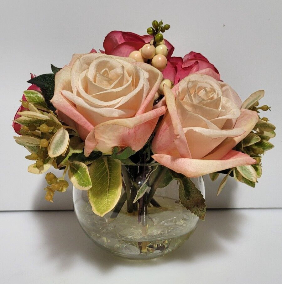 Flower Display Faux Pink Roses in Glass Rose Bowl Ornament Resin Water 8 x 8”