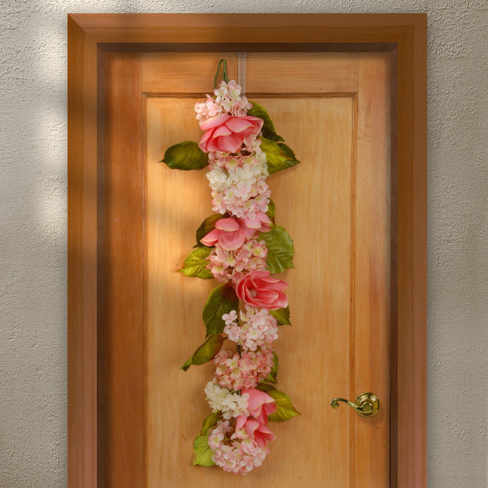 4 ft. Spring Garland with White Hydrangea and Pink Rose Blooms, Leafy Greens