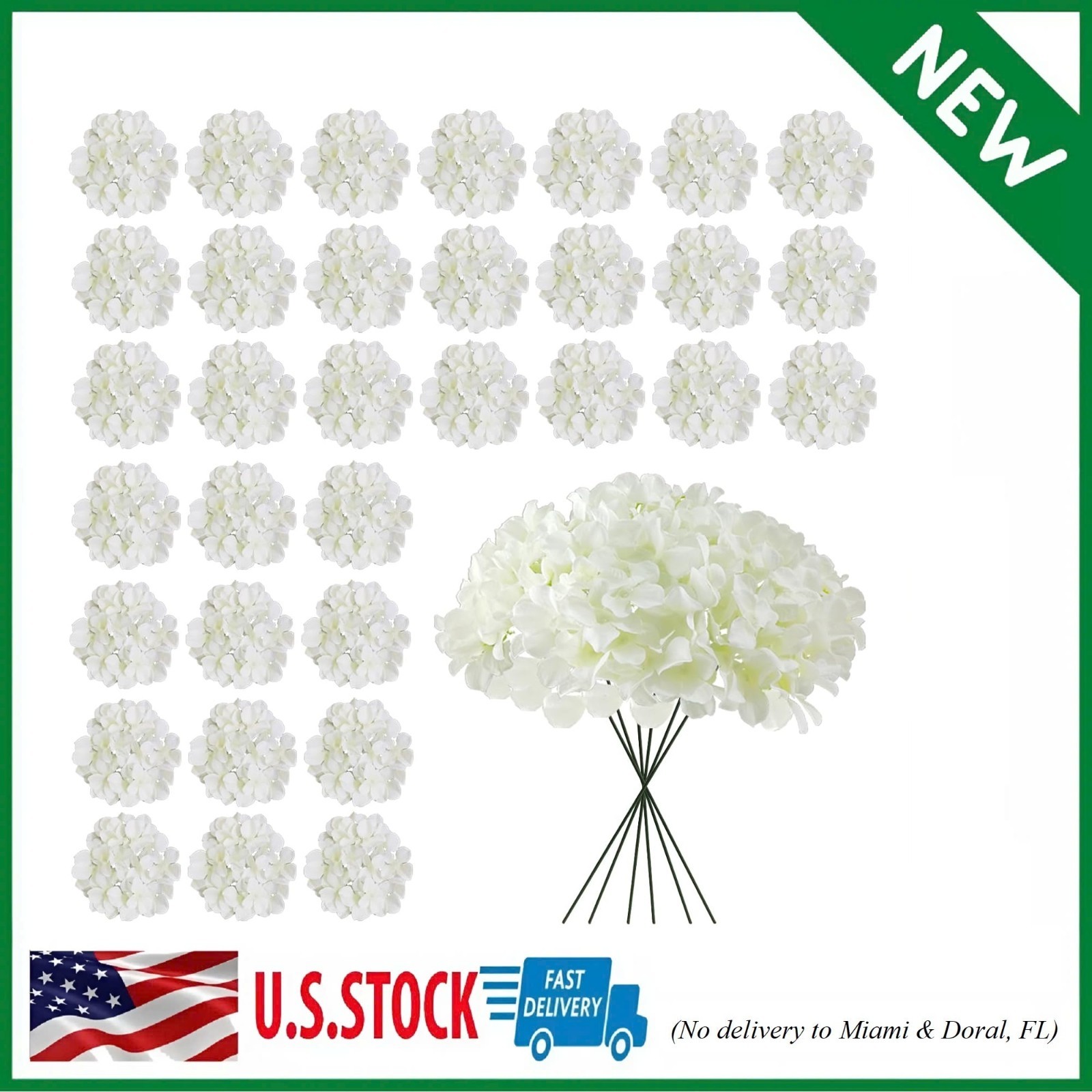 Bulk White Artificial Hydrangea Flowers, 30 Pcs Faux Silk Heads with Stems