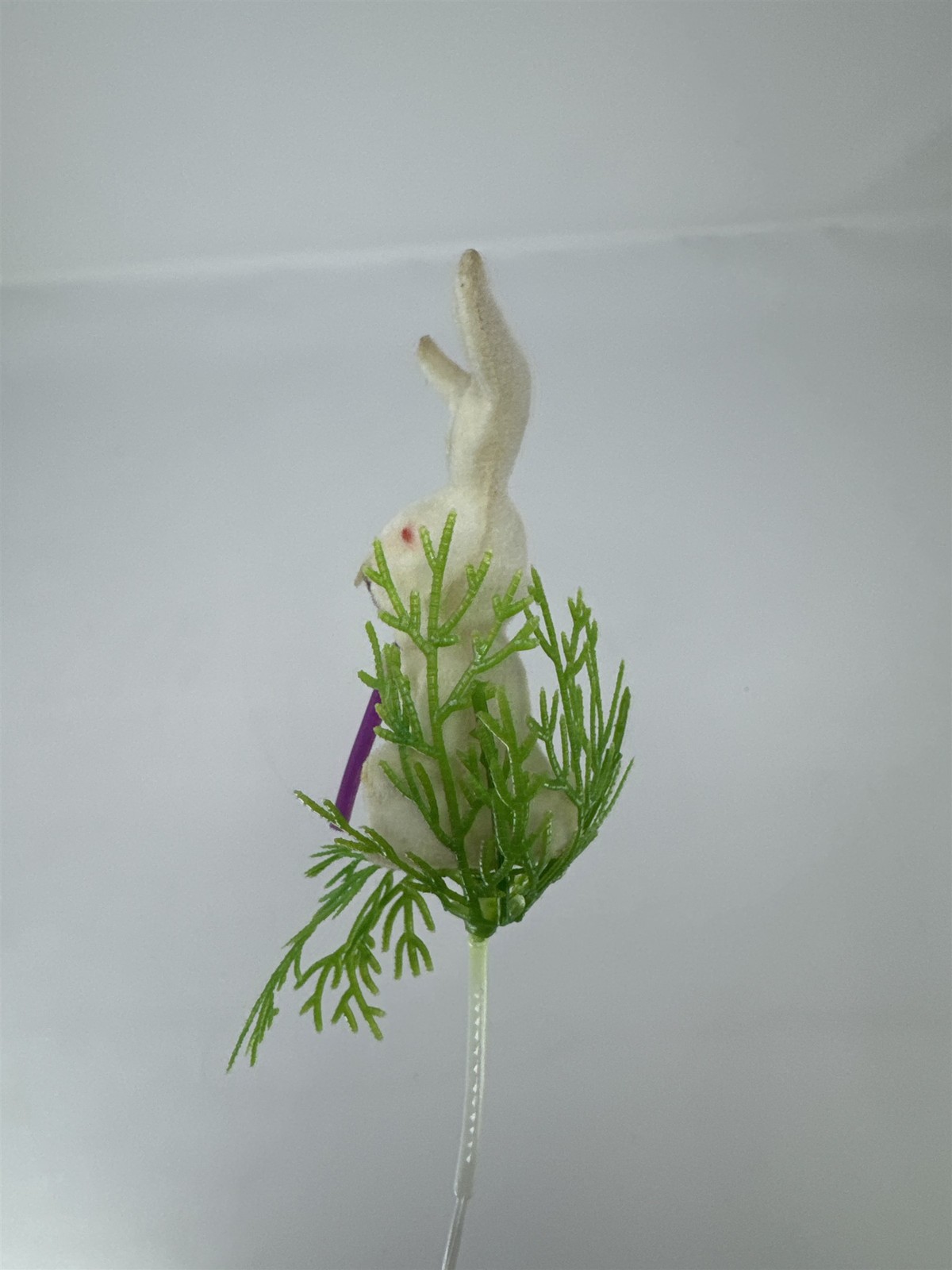 Vtg Flocked Easter Bunny Rabbit Purple Cane Floral Pick White Wreath Decoration