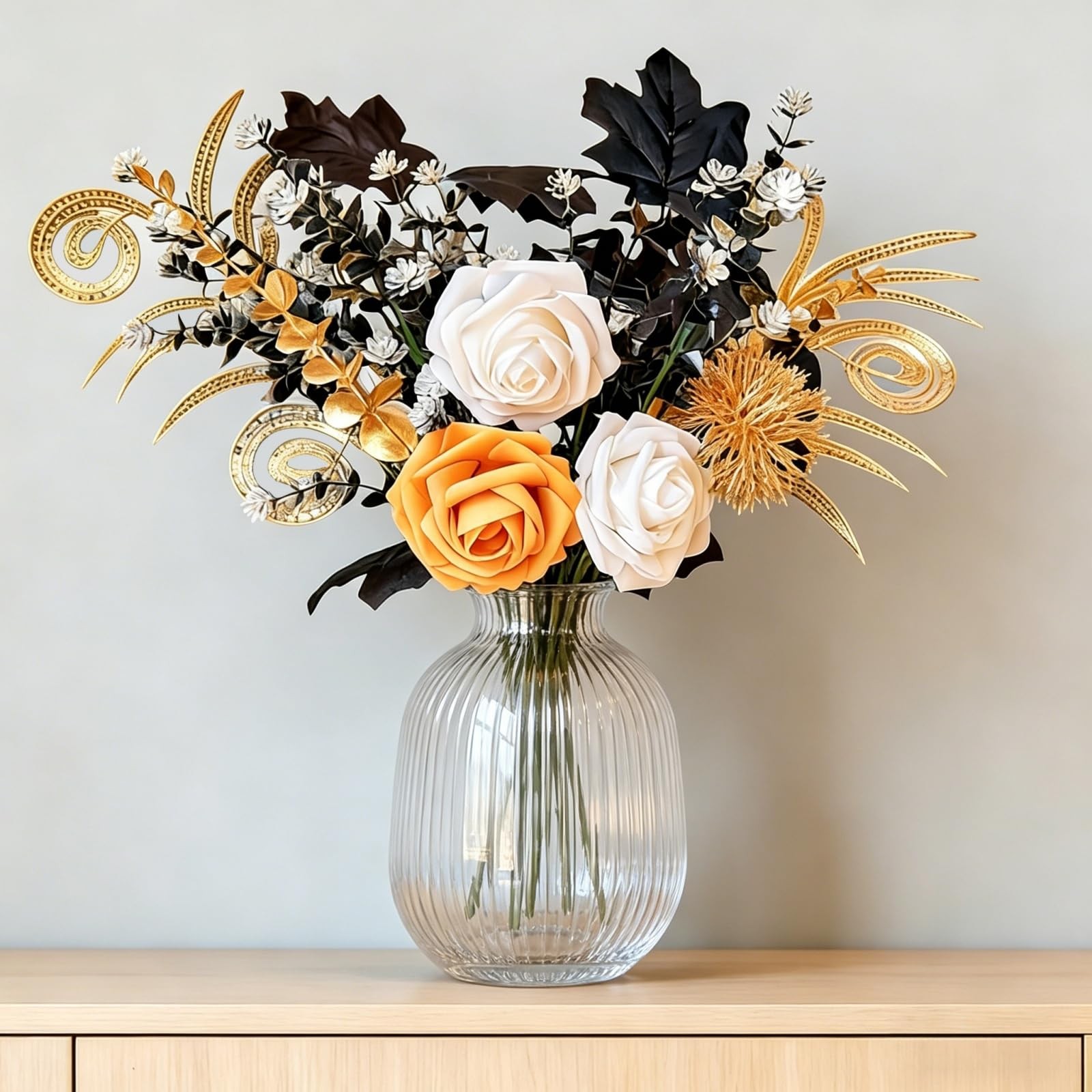 11 PCS 17 Inch Artificial Fake Rose Flowers Black Gold Gothic Bouquet Modern