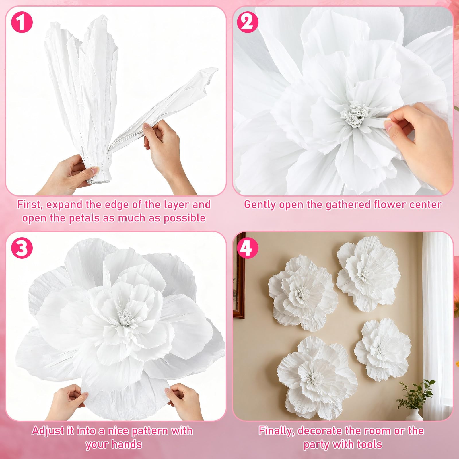 6 Pcs Large Flowers White 24 Inch Giant Big Crepe Flowers Decoration 3D Flora…