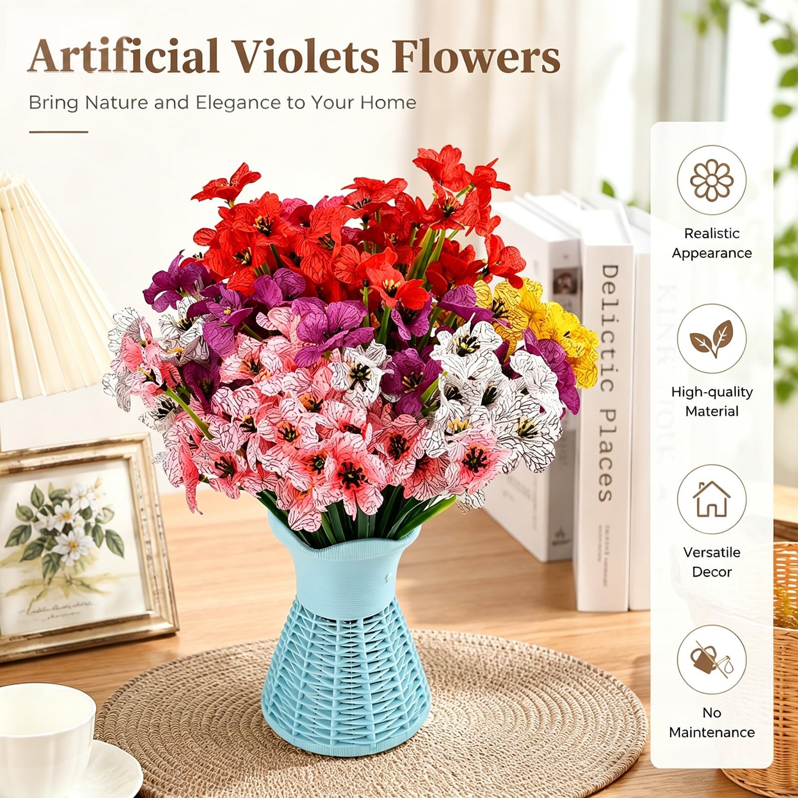6 Bundles Artificial Violet Flowers, UV Resistant Faux Plastic Silk Flowers, …