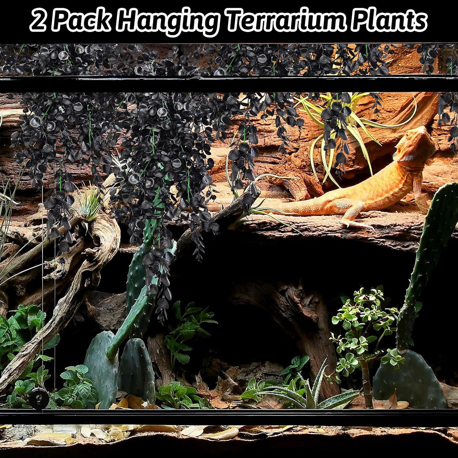 Reptile Plants, 2 Pack Hanging Terrarium Plants, Artificial Leaves Habitat Decor