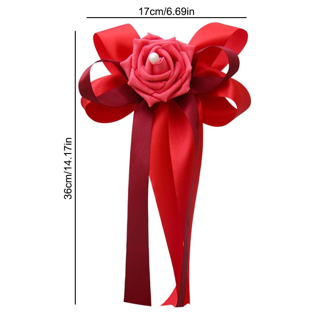 12 PCS Wedding Car Flower Decoration Artificial Rose Ribbon Bows Red