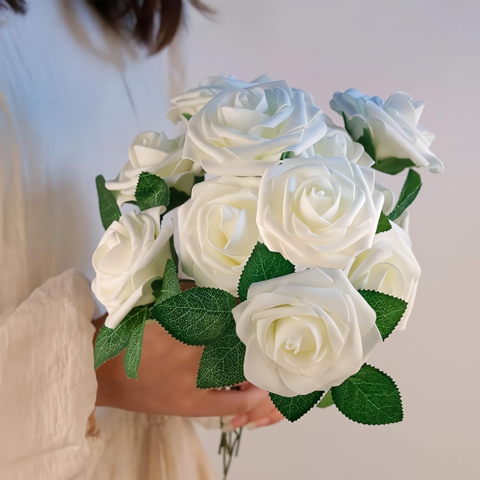 RCZ Décor Artificial Ivory Foam Roses with Stems & Leaves – Pack of 50, Perfect