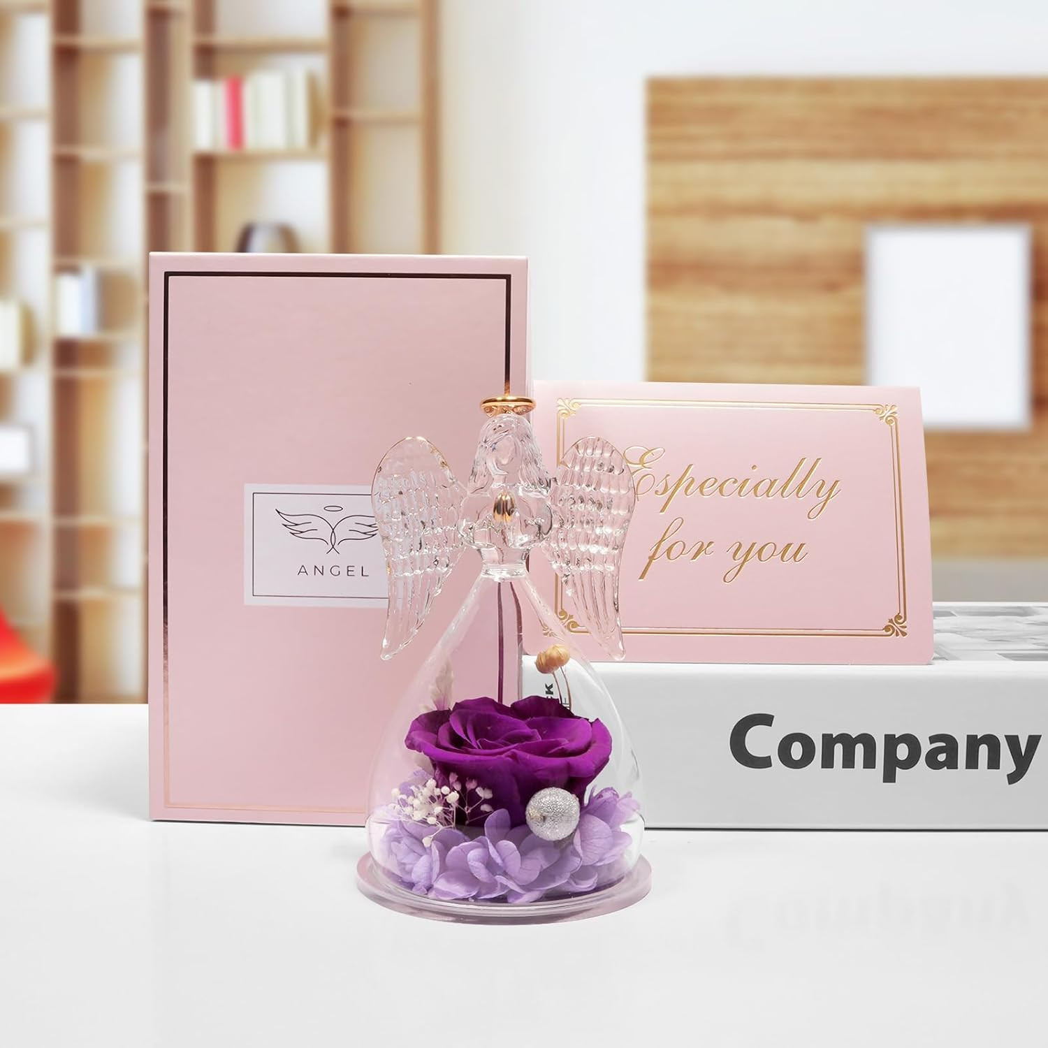 Preserved Flower Rose Birthday Gifts for Mom, Angel Figurines with Forever Real