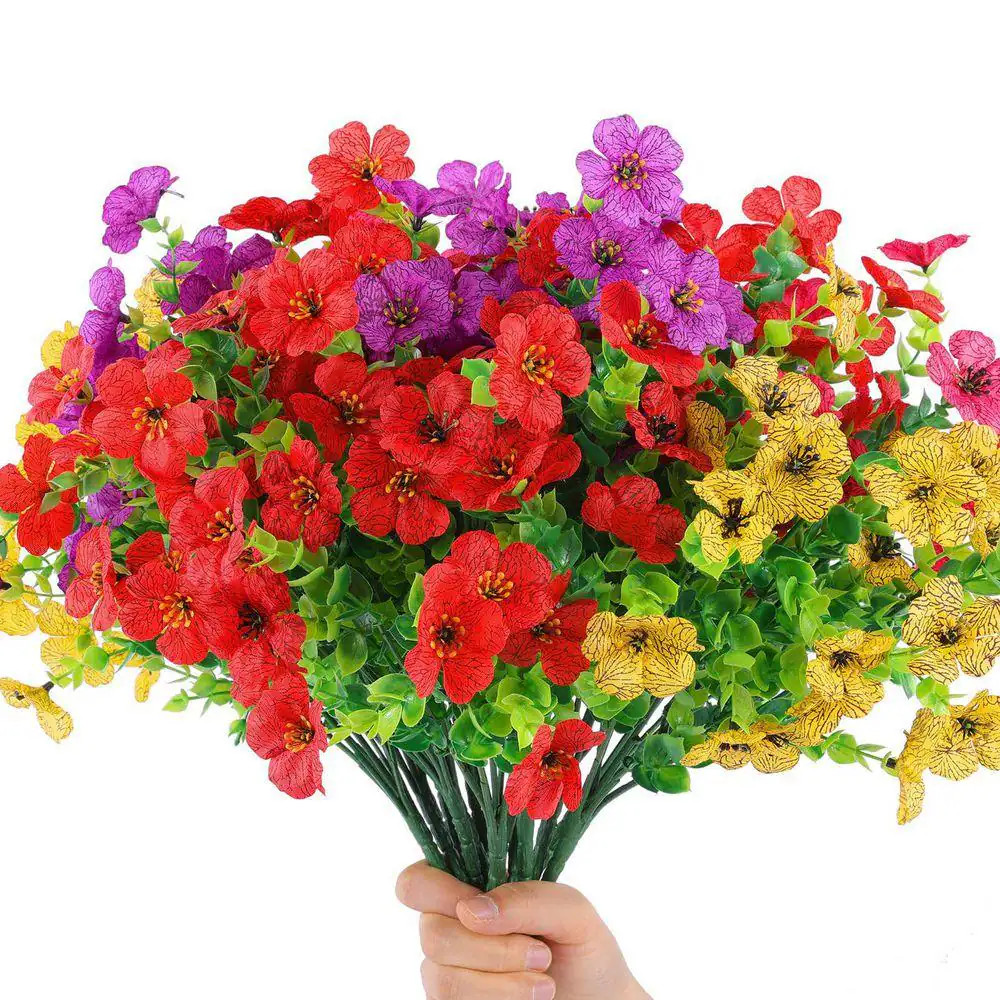 2 Set Artificial Hanging Flower Baskets with 24 Pieces Flowers Red Purple Yellow