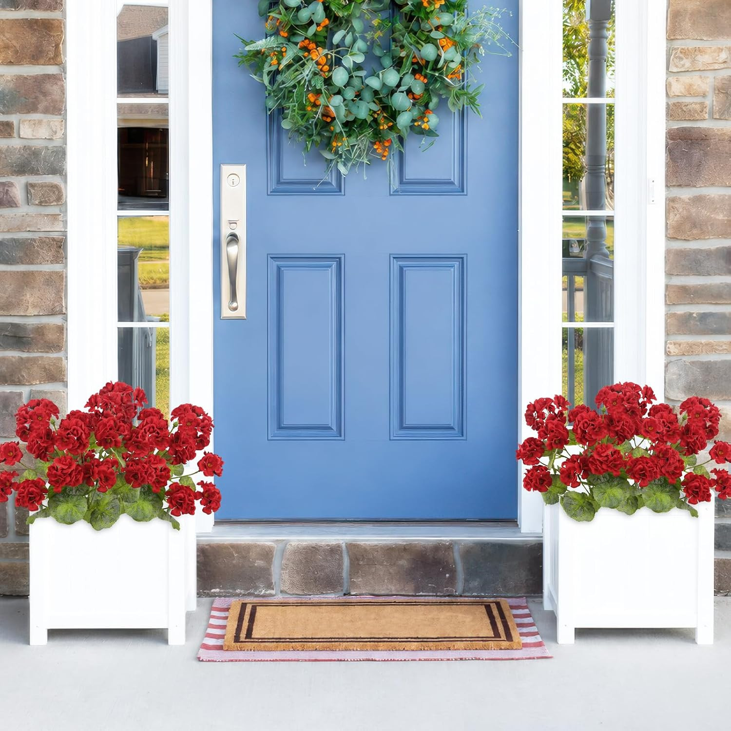 2 Pcs Artificial Geraniums for Outdoors 23” Faux Flowers Red Silk Geraniums UV