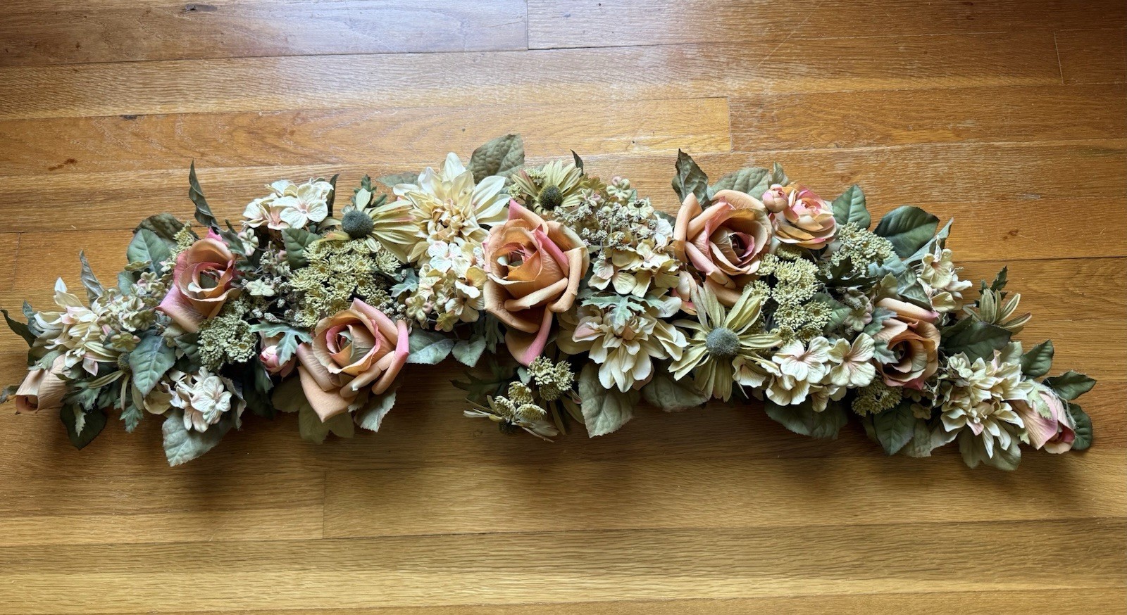 Faux Flower Garland Swag Roses & Dahlia Peach, Green, Cream Wedding Arch 38 x 10
