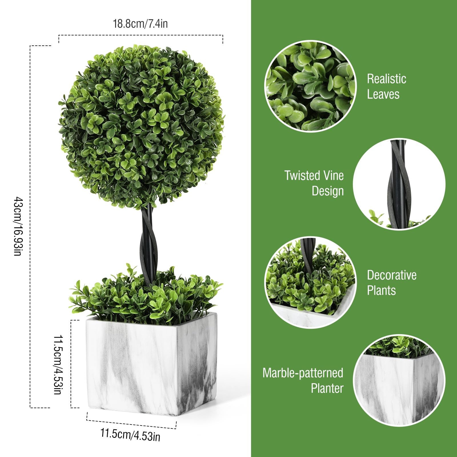 16” Artificial Topiary Ball Tree, Small Potted Fake Plants, Artificial Boxwo…