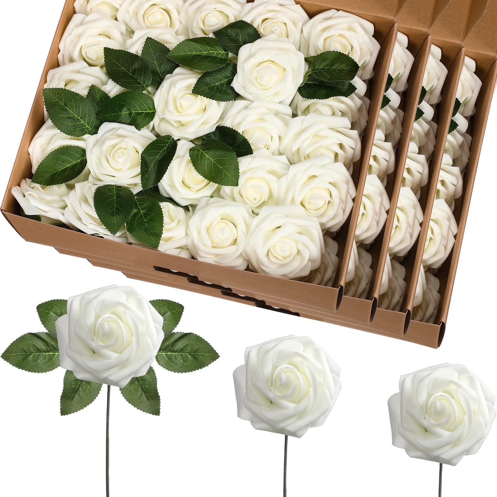 100 PCS Ivory Artificial Foam Rose Flower Faux Bouquet Wedding Fake Rose