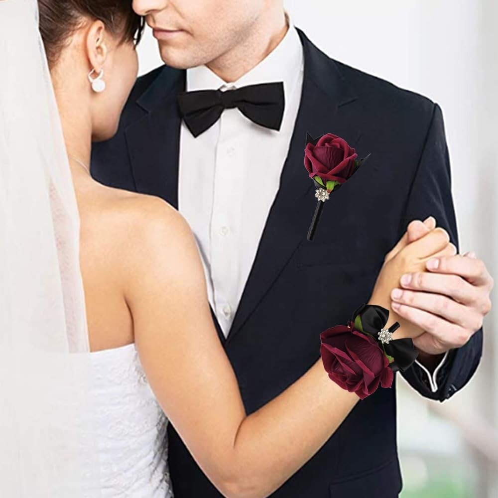 Black Wine Red Rose Wrist Corsage Boutonniere Set Bride Groom Prom 2 PCS