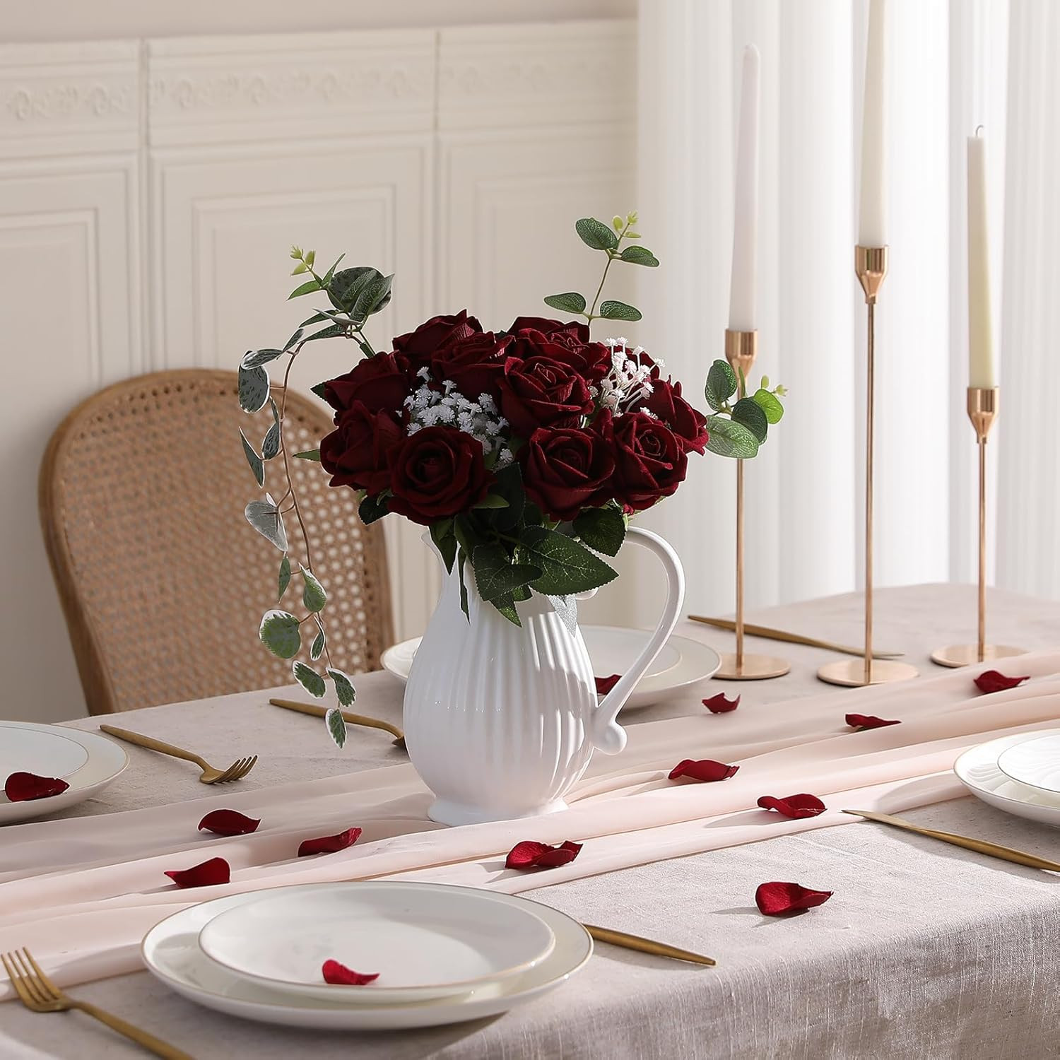 12PCS Artificial Flowers Fake Roses, Realistic Velvet Long Stem Red Roses Bouque