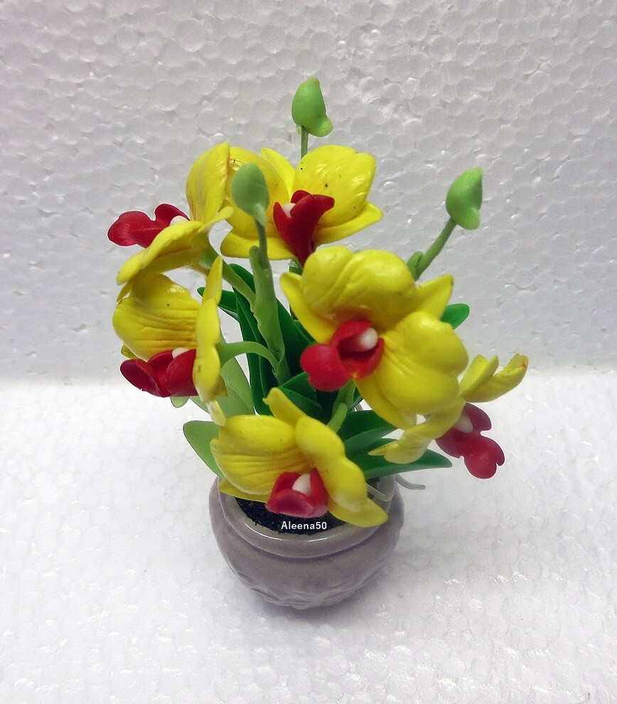 US stock 4″H Handcrafted Miniature Yellow Dendrobium Orchid arranged in pot