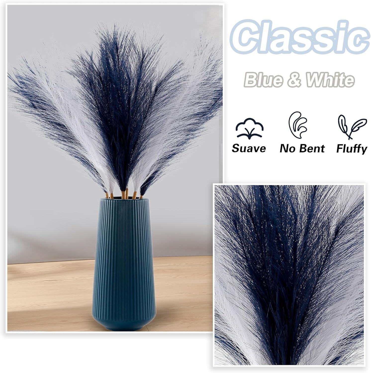 Faux Pampas Grass Large Fluffy 27.6Inch Tall, 6Pcs Navy Blue and White